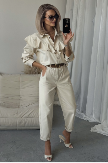 SPODNIE JEANS O SZERSZYM KROJU | BEŻOWE