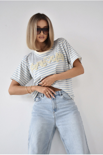 T-SHIRT DAMSKI W PASKI ICONIC CLUB | NIEBIESKI