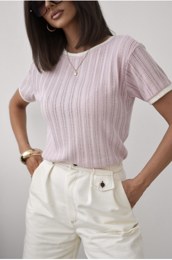 T-SHIRT Z AŻUROWEJ DZIANINY | RÓŻOWY