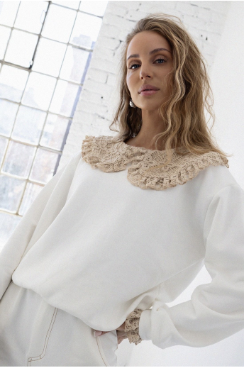 BLUZA DAMSKA Z KORONKOWYM KOŁNIERZYKIEM | BIAŁA